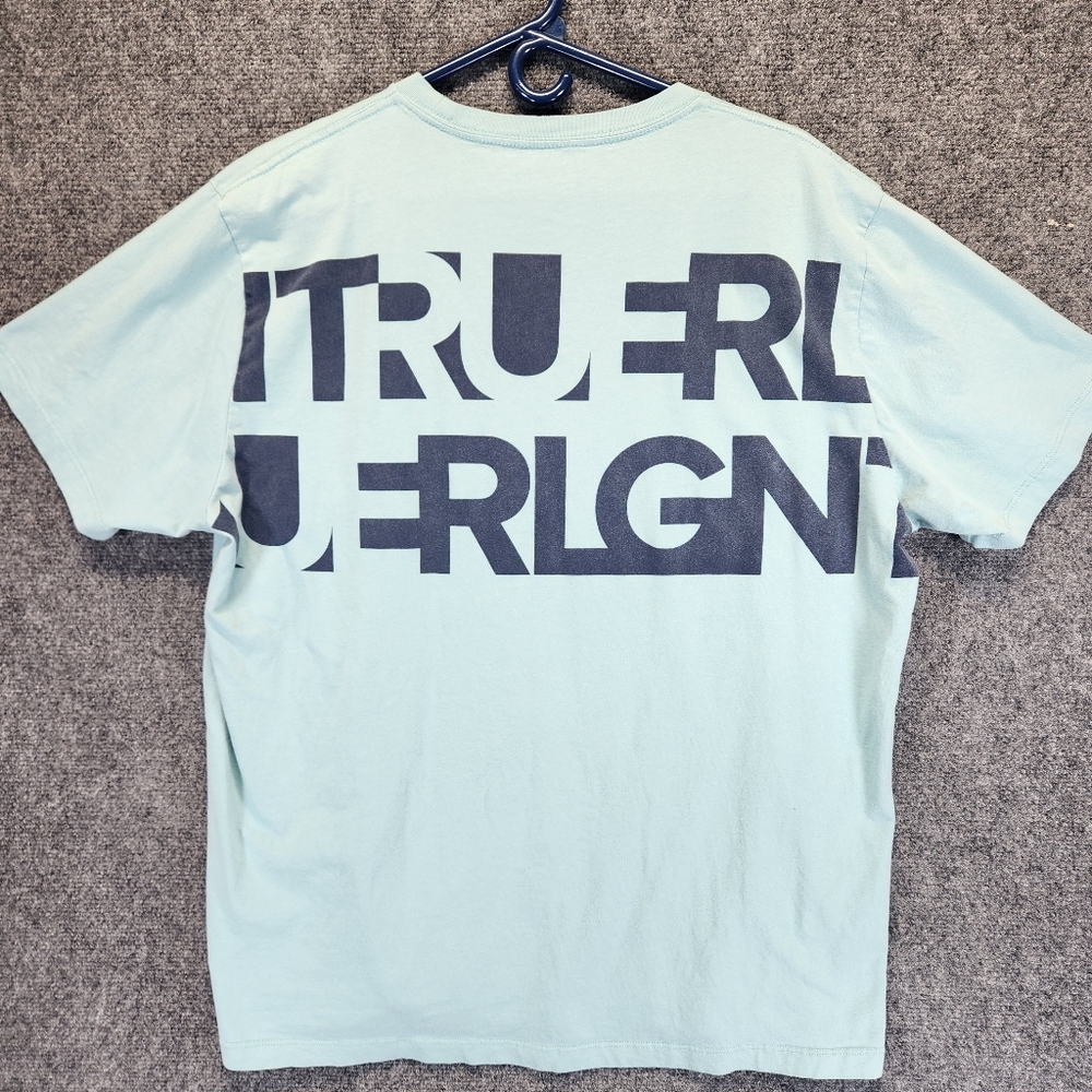 True Religion Shirt Mens XXL Blue Big Letter Logo Graphic Tee Horseshoe